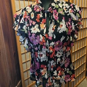 Floral Ruffle Sleeve Blouse - Black and Pink